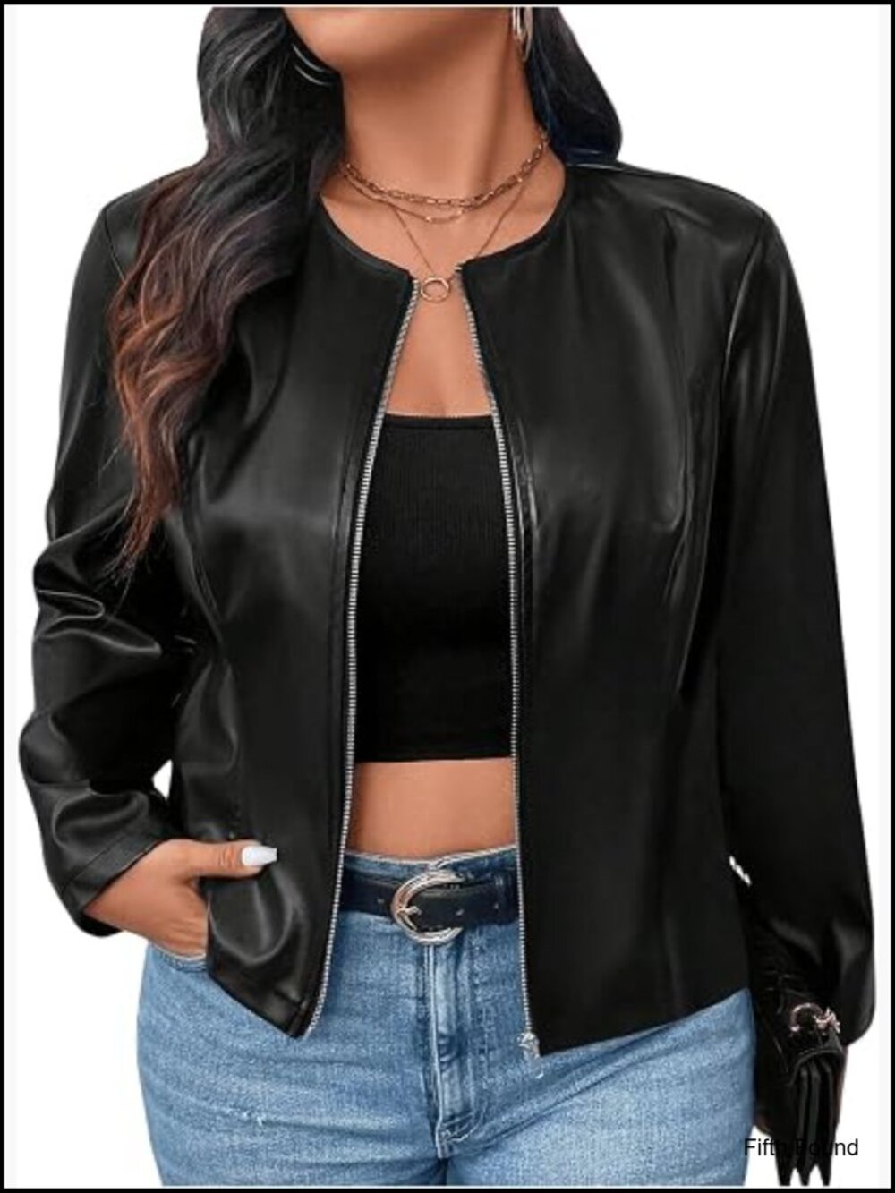 Plus Size PU Leather Bomber Jacket Zip Up Long Sleeve Crew Neck
